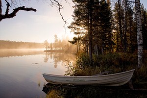 Ráno na břehu jezera ve finské tajze